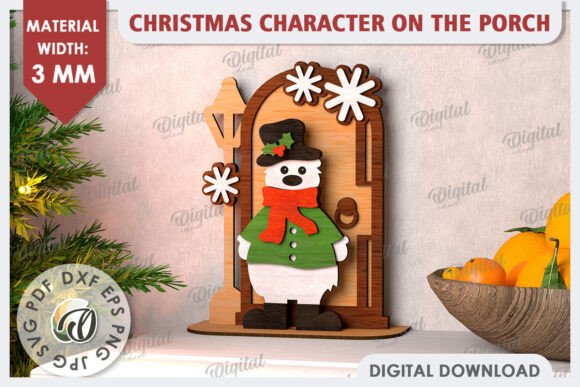 3D Christmas Bear on the Porch Laser Cut
